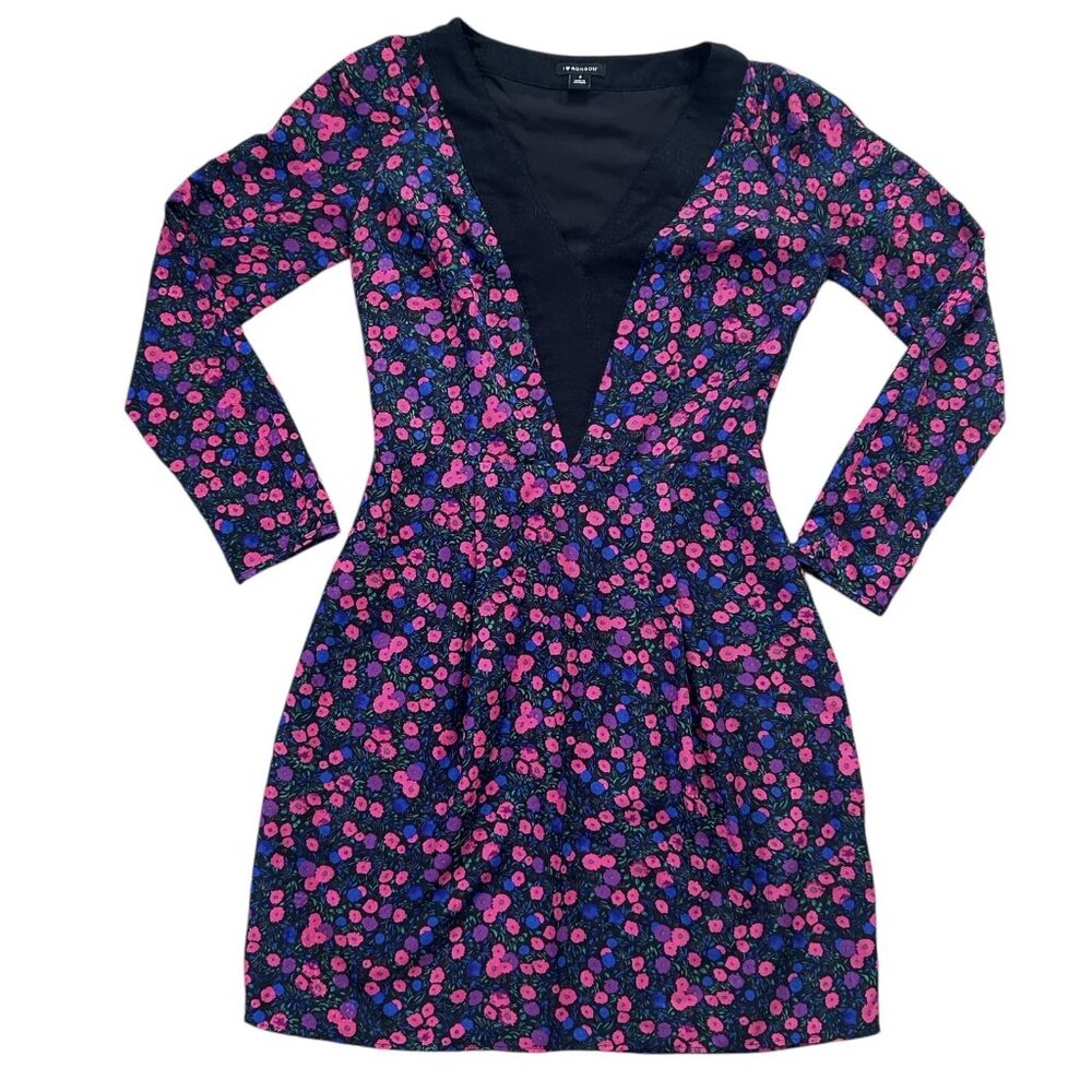I Heart Ronson Dress 4 Black Pink Blue Floral Long Sleeve V Neck Midi Office